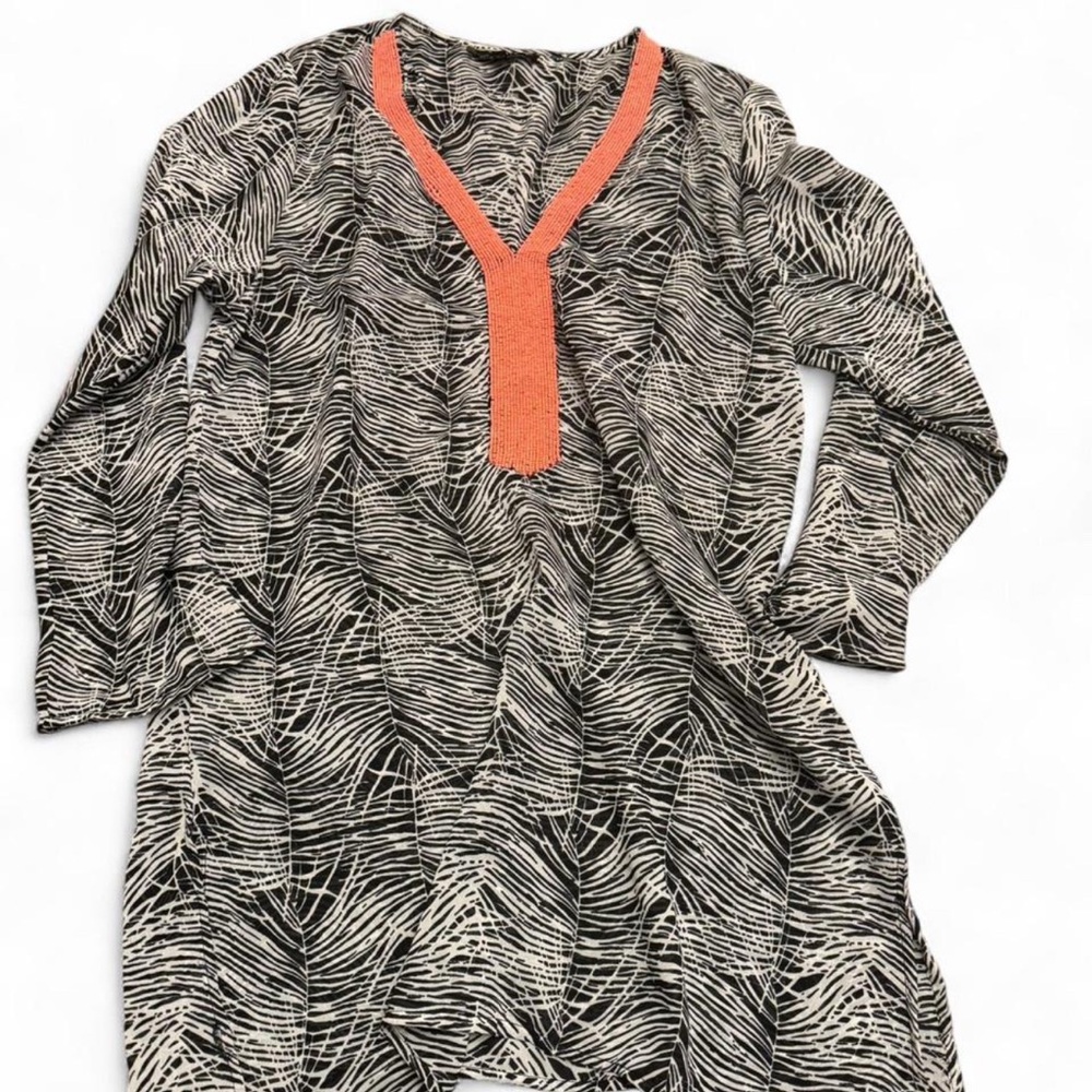 Black and White Patterned cover-up with coral Accent